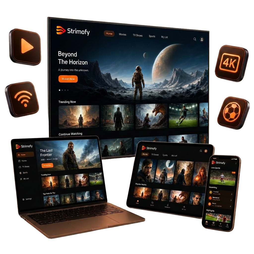 Strimofy streaming live sports and movies on a TV, laptop, tablet and phone